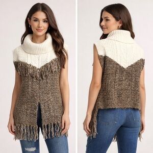 Thakoon + Addition Cream & Brown Fringe Mohair Turtleneck Sweater Vest Sz. L‎